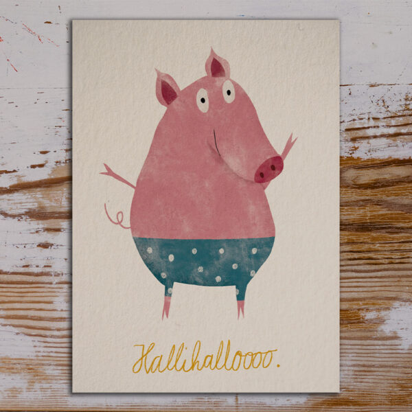 Postkarte mit Illustration Schweinchen in gepunkteter Badehose