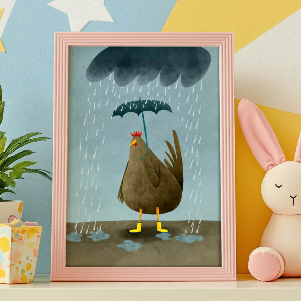 Print Illustration Huhn im Regen mit Regenschirm