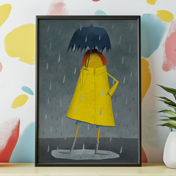 Print Illustration Frau mit gelber Regenjacke und Schirm im Regen